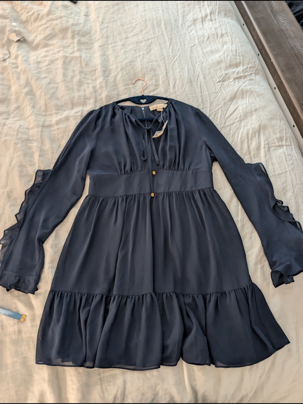 NWT Michael Kors Ruffled Georgette Tie-Neck Dress Midnight Blue M